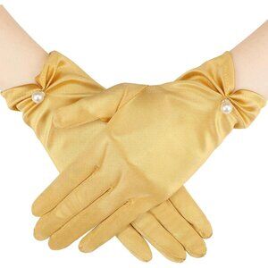 Women's Gold Flapper Short Satin Wrist Pearl Gloves Party Banquet Accessories